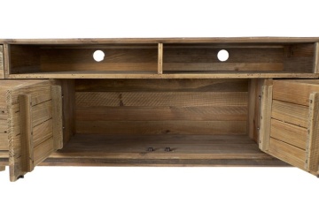 Comodă TV living din lemn reciclat, natur, cu 4 uși, 2 sertare, 2 nișe deschise și picioare oblice, finisaj antichizat, 65 x 180 x 48 cm, „Aubeline” - Img 5