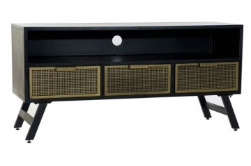 Comodă TV living din metal, negru, cu 3 sertare aurii perforate, nișă deschisă și picioare oblice, 62 x 125 x 41 cm, „Blacky”