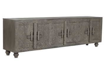 Comodă TV sculptată lungă din lemn masiv, gri, cu 6 uși, 3 rafturi și zăvoare din lemn, finisaj patinat, 61 x 200 x 40 cm, „Arvane” - Img 2