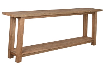 Consolă din lemn de tec reciclat, natur, cu raft inferior și picioare masive, aspect rustic, finisaj natural, 90 x 240 x 46 cm, „Margaux”