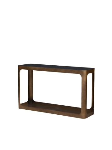 Consolă hol eclectică din metal și sticlă, auriu, cu raft jos, blat din sticlă fumurie și laterale cu deschideri rotunjite, 76 x 130 x 40 cm, „Lexton”