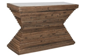 Consolă hol rustică din lemn reciclat, maro, cu blat din marmură albă și bază în trepte, în formă de clepsidră, 87 x 138 x 45 cm, „Linea”