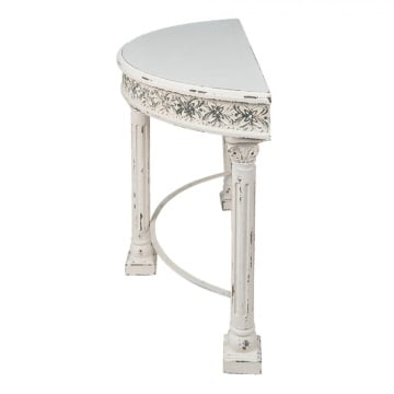 Consolă hol shabby chic din lemn, alb, cu blat semicerc pe coloane canelate și friză florală în relief, 86 x 120 x 49 cm, „Colette” - Img 4