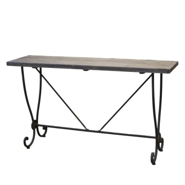Consolă hol vintage French Country din lemn de pin masiv, natur, cu picioare din fier cu volute și rozete, baiț gri, 81 x 150 x 38 cm, „Old French”