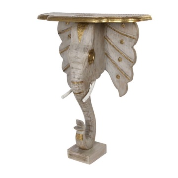 Consolă îngustă în stil etnic, din lemn de mango, gri, cu inserții de alamă și bază sculptată în formă de cap de elefant, 96 x 80 x 30 cm, „Elephas”