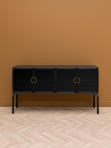 Consolă vintage din metal, cu 4 uși din sticlă opacă, 4 rafturi și mânere circulare aurii, negru, finisaj lucios, 150×38×82 cm, „Ashbury" - Img 3