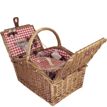 Coș de picnic din răchită împletită cu căptușeală roșie în carouri, pentru 4 persoane, „Barbro Red"