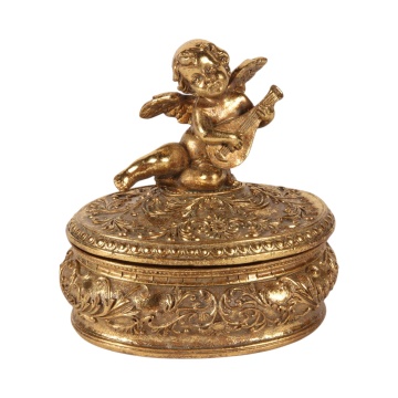 Cutie decorativă din polirășină, auriu, capac cu înger, 11,7 x 11,5 x 9,5 cm, „Chérubin”