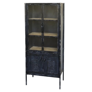 Dulap vitrină industrial din metal, negru, cu 2 uși vitrate, 2 uși cu jaluzele și 3 rafturi, finisaj antichizat, 140 x 60 x 38,5 cm, „Forge”