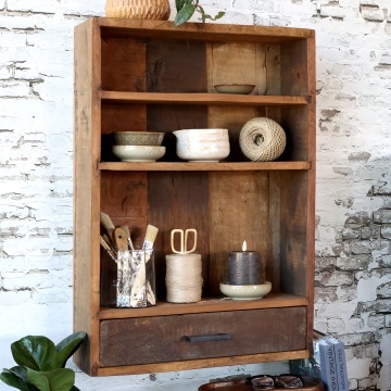 Etajeră de perete din lemn reciclat, natur, cu 2 rafturi și sertar, aspect rustic, 73 x 52 x 15 cm, „Grimaud” - Img 5