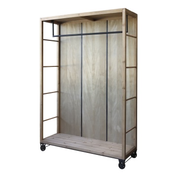 Etajera pe roți din lemn masiv și metal natur cu bara pentru haine 150x48x200 cm, „Wardrobe"