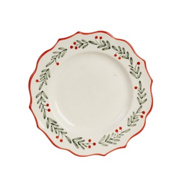 Farfurie de desert de Crăciun din ceramică, alb, cu frunze și merișoare pictate manual, margine ondulată, 21,5 cm, „Esther Lingonberry”
