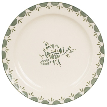 Farfurie din ceramică artizanală, natur, cu motiv floral pictat manual în verde și bordură decorativă, 26 cm, „Marion Flower"