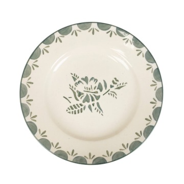 Farfurie din ceramică artizanală, natur, cu motive florale pictate manual verde și bordură decorativă, 19,5 cm, „Marion"