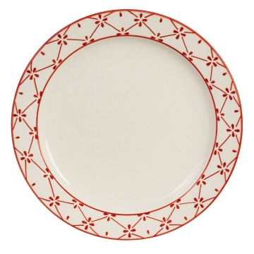 Farfurie din ceramică artizanală natur, cu motive florale pictate manual roșu și bordură decorativă, 26 cm, „Marion Clover"
