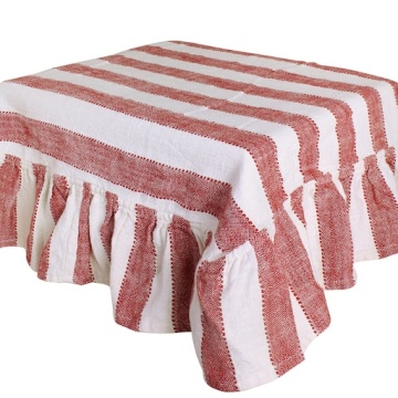 Față de masă din bumbac organic, rosu și alb, model în dungi cu volănaș decorativ, 150 × 250 cm, „Ida Stripe"