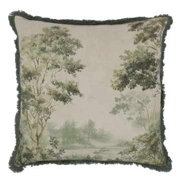 Față de pernă natur din țesătură fină, cu imprimeu peisaj verde și franjuri, 50x50 cm, „Aix"
