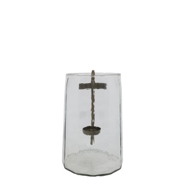 Felinar decorativ din sticlă transparentă cu suport din alamă antichizată, 29x18 cm, „Veillée"
