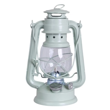 Felinar vintage verde deschis cu petrol, din metal și sticlă, cu detalii argintii, capac de siguranță și fitil inclus, „Hurricane Lantern Light Green Small"