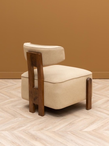 Fotoliu bej pentru living, în stil Art Deco, din bumbac, cu spătar curbat pe stâlpi din lemn de mango maro închis, 59×66×74 cm, „Calley” - Img 4
