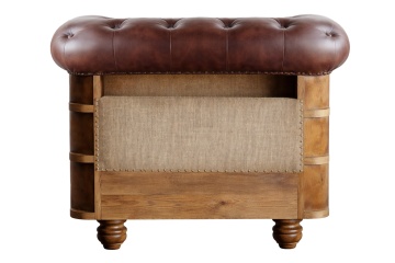 Fotoliu Chesterfield din piele naturală maro închis, capitonat, cu laterale din lemn de mango și iută, picioare pe roți, 84×77×79 cm, „Cassis” - Img 4