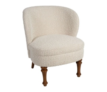 Fotoliu crem pentru living, în stil French Country, din stofă bouclé, cu picioare strunjite din lemn de cauciuc, 65×67×76 cm, „Claudine” - Img 3