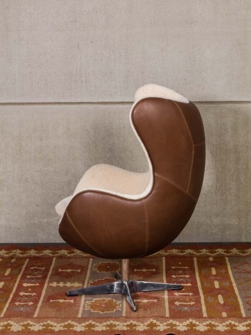 Fotoliu Egg rotativ din piele naturală full grain și lână, maro și crem, design iconic, 86,5×76,5×116 cm, „Tenzing" - Img 3