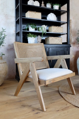 Fotoliu lounge din lemn de stejar cu spătar din rattan și șezut tapițat „Veranda” - Img 4