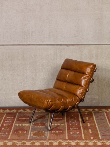 Fotoliu lounge din piele naturală top grain cognac cu structură din stejar și metal, „Spinal” - Img 4