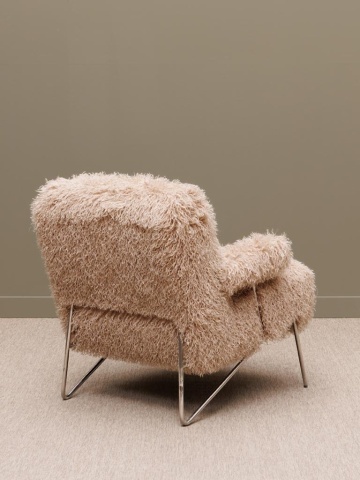 Fotoliu lounge pufos bej din stofă cu fibră lungă tip Mongolian fur cu structură din oțel, „Paddy” - Img 5