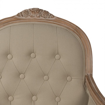 Fotoliu mic în stil Louis XV, bej, din stofă, capitonat cu nasturi, cu cadru sculptat din lemn și picioare cambrate, 62×58×101 cm, „Rosalie” - Img 5