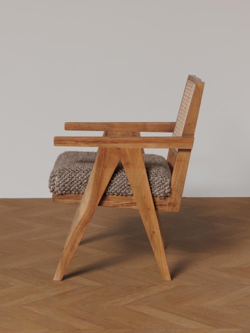 Fotoliu pentru living în stil mid century, natur și maro, din lemn de mango, cu spătar din trestie împletită și șezut din stofă, 56×66×86 cm, „Edda” - Img 4