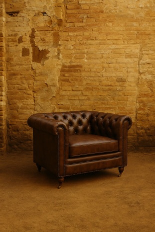 Fotoliu vintage din piele naturală maro închis, „Chesterfield" - Img 2