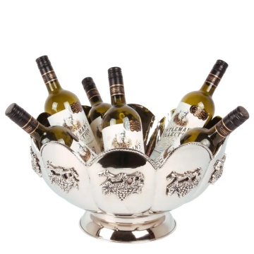 Frapieră mare pentru vin și șampanie din alamă, argintie, pentru mai multe sticle, cu struguri în relief, finisaj periat, 23 x 41 cm, „Vendange” - Img 3