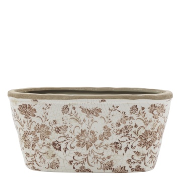 Ghiveci decorativ alb din ceramică pictată manual, cu motiv floral natur, 13x22,5x10 cm, „Grenoble"