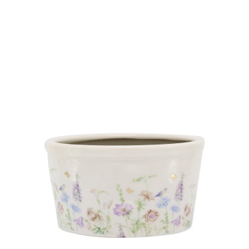 Ghiveci din ceramică crem cu model floral „Papillon”, H9.5/D16.5 cm