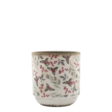 Ghiveci din ceramică cu frunze și fructe de pădure, aspect vintage, H10/D10 cm