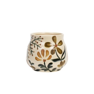 Ghiveci din ceramică stoneware pictat manual cu motive botanice folk, „Folk Pot"