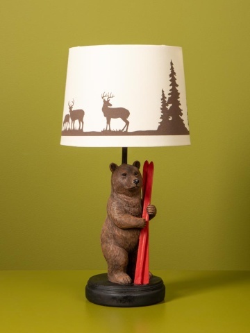 Lampă de masă din bumbac cu imprimeu, cu structură din rășină maro în formă de urs cu schiuri, finisaj patinat, 43×22 cm, „Chalet" - Img 4