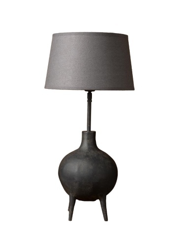 Lampă de masă din bumbac și in gri, cu structură din aluminiu gri antichizat, formă sferică, finisaj patinat, 61×30 cm, „Gilda"
