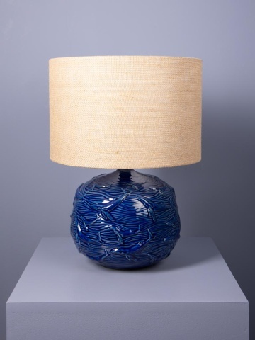 Lampă de masă din iută naturală, cu structură din ceramică albastră, finisaj lucios, 51×38 cm, „Azula" - Img 4