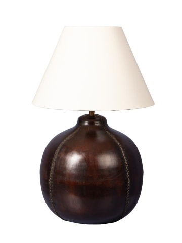 Lampă de masă din piele maro cu abajur din bumbac bej, formă sferică, finisaj vintage, 54×38 cm, „Bulga"
