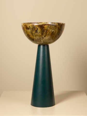 Lampă de masă din rășină maro cu structură din metal kaki, abajur în formă de cupă, finisaj lucios, 35×23 cm, „Toralia" - Img 7