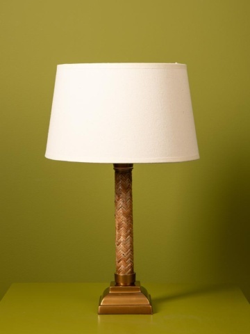 Lampă de masă din rattan împletit și metal auriu, cu abajur din bumbac bej, finisaj natural, 49×30 cm, „Rivan" - Img 2