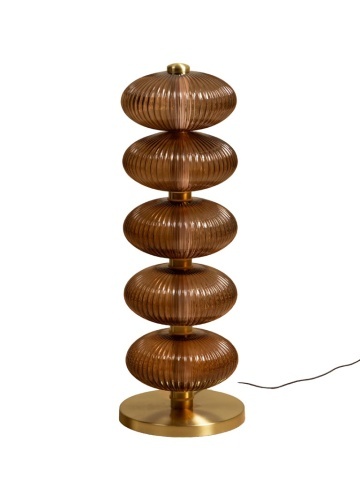 Lampă de masă din sticlă,maro, cu structură din alamă antichizata, formă sferică, finisaj vintage, 80x29 cm, „Auralis"