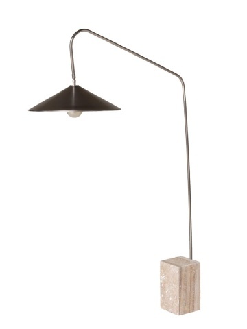 Lampă de podea din alamă antichizată cu bază pătrată din travertin, bej, 182 × 124 × 25 cm, „Kromis"