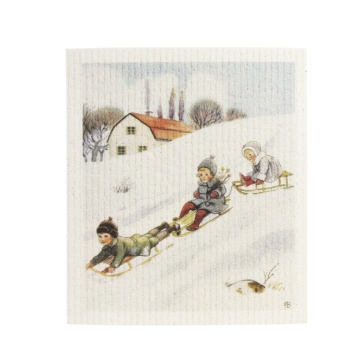 Lavetă artizanală din bumbac cu ilustrație de iarnă Elsa Beskow, alb, 17×20 cm, „Winter Play"