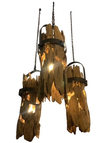Lustră suspendată din lemn de tec lucrat manual și metal, natur și negru, 40 x 160 x 30 cm, „Pierrefonds” - Img 2