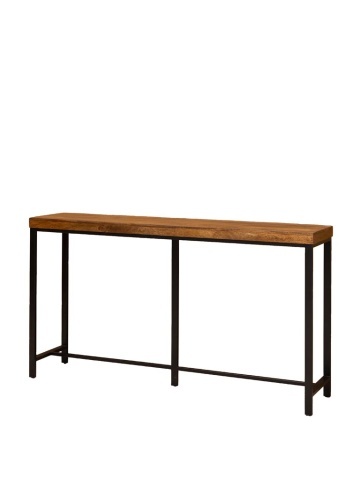 Masă consolă în stil eclectic din lemn de mango, maro, cu blat gros și picioare din metal negru, 98,5 x 180,5 x 40 cm, „Kirt”