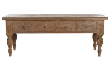 Masă consolă în stil etnic, din lemn de tec reciclat, natur, cu 4 sertare și picioare strunjite cu caneluri sculptate, 78 x 220 x 80 cm, „Grand Loft”